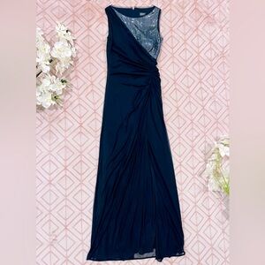 ✨💙 ADRIANNA PAPPEL Navy Blue & Silver Sequined Sparkle Dress Gown Side Slit 💙✨